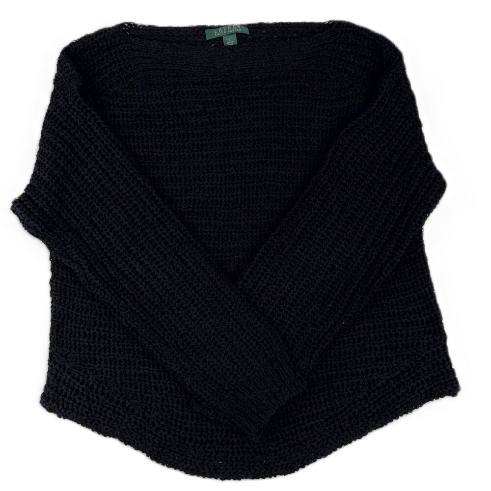 Lauren Ralph Lauren Crochet Sweater Women's Size L Open Knit Black Long Sleeves